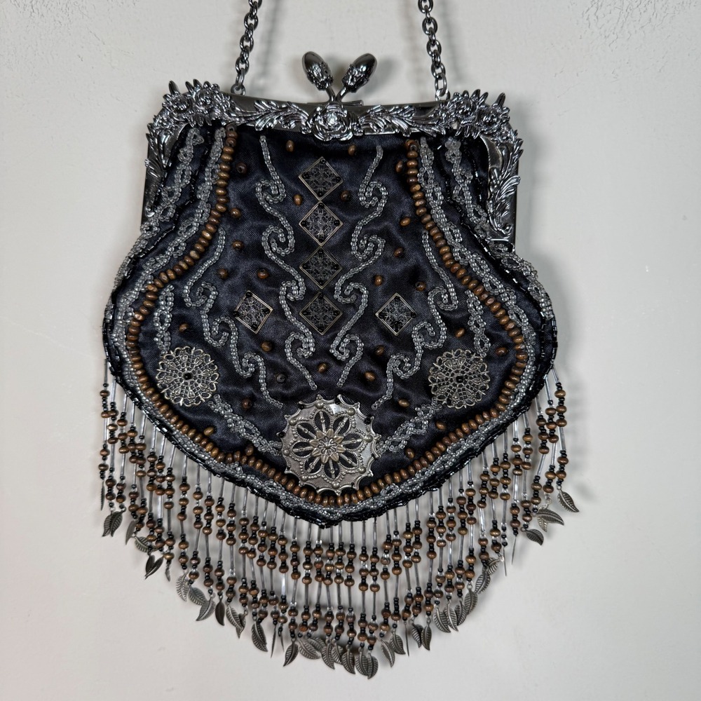 Marmi Beaded Floral Metal Filgree Accents Fringe Victorian Art Deco Purse